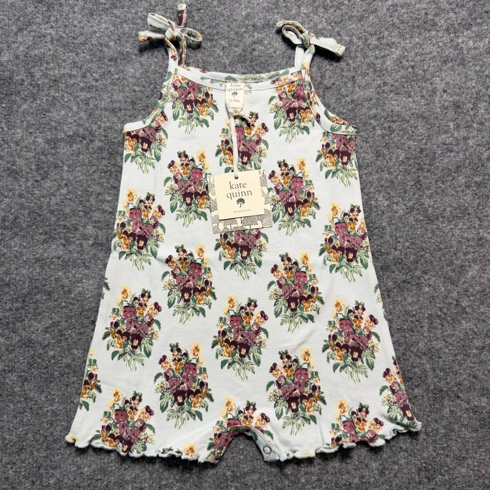KATE QUINN Pansy Spaghetti Tie Lettuce Shortie Romper 12-18 Months NWT